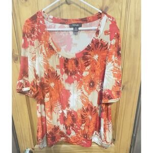 Style & Co Women's 3X Blouson Hem Top | Red Orange Tie-Dye Floral | Short Sleeve
